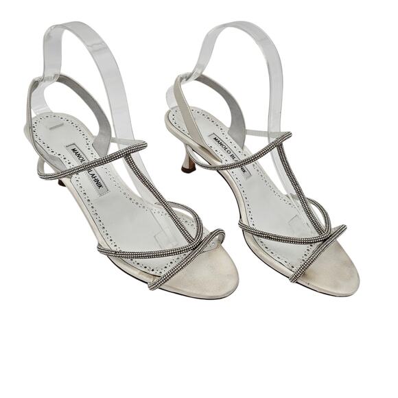 Manolo Blahnik Lucecry Size 40 US 10 Satin White Crystal Slingback Heel Sandal - Picture 1 of 10